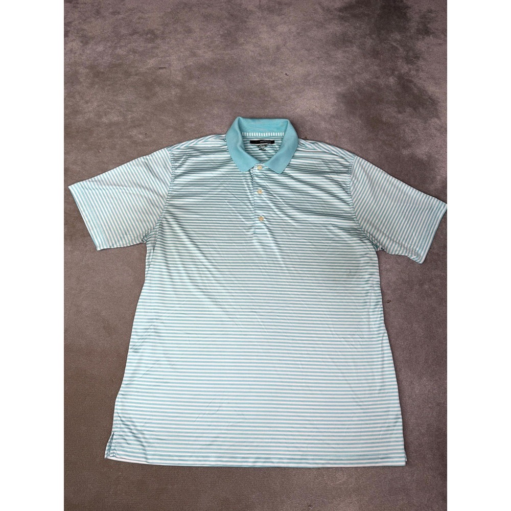 Greg Norman Play Dry Polo Shirt Mens XL Blue White Striped Golf Performance Logo
